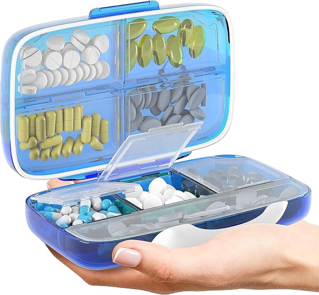 Travel Pill Organizer - Airtight Medicine Case for Traveling Portable Pharmacy Box med etiketter Vitamin Container 8 Segment supplement Medication Holder Stor kapacitet dagligt (blå)