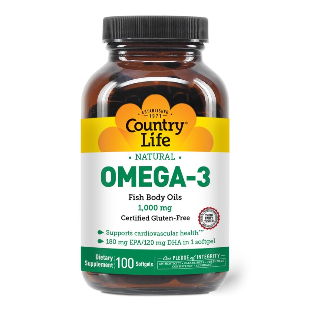 Country Life Omega-3 Fish Oil Supplement, 1000mg, 180mg EPA & 120mg DHA, Fish Oil Concentrate, Burpless, 100 Softgels, Certified Gluten Free