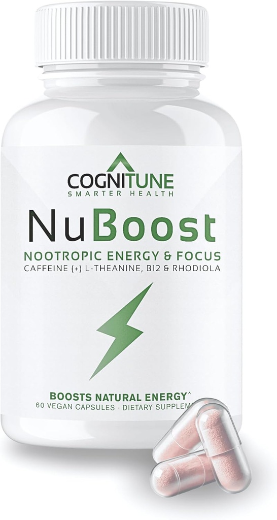 CogniTune NuBoost Energy & Focus Brain Supplement, Koffein L- Theanin, Vitamin B12, Rhodiola + BioPerine, No Crash, Jitter Free 100mg Koffein piller, Clean Nootrop Brain Booster, 60 Ct