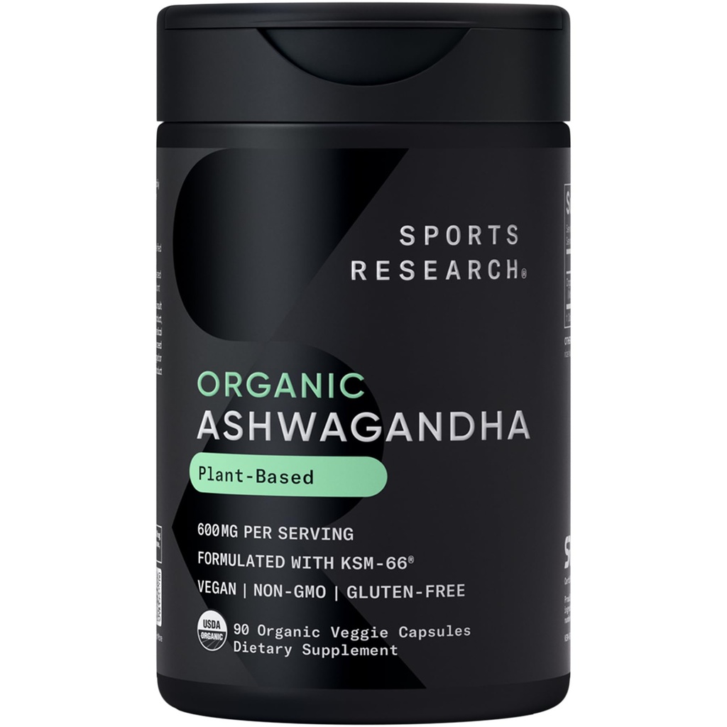 Sports Research® Organic Ashwagandha – Adaptogen for Relaxation, Calm & Sleep Support – Made with Organic KSM-66® – 600 mg – Non-GMO Verified, Gluten-Free, Certified Vegan – 90 Veggie Capsules