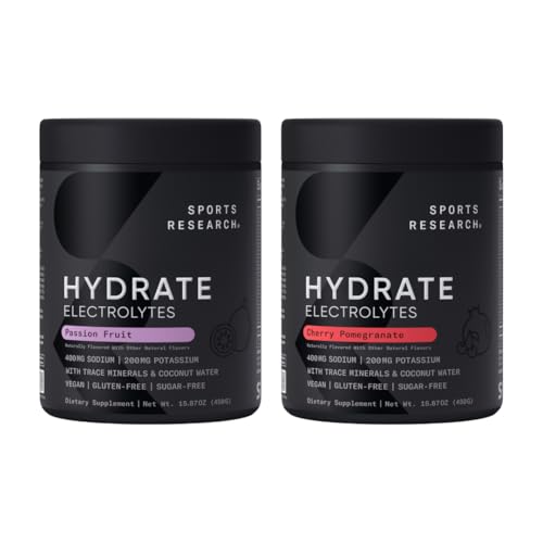 Sports Research Hydrate Electrolytes Powder - Sugar-Free & Naturally Flavored with Vitamins, Minerals, and Coconut Water - Supports Hydration - Passion Fruit & Cherry Pomegranate