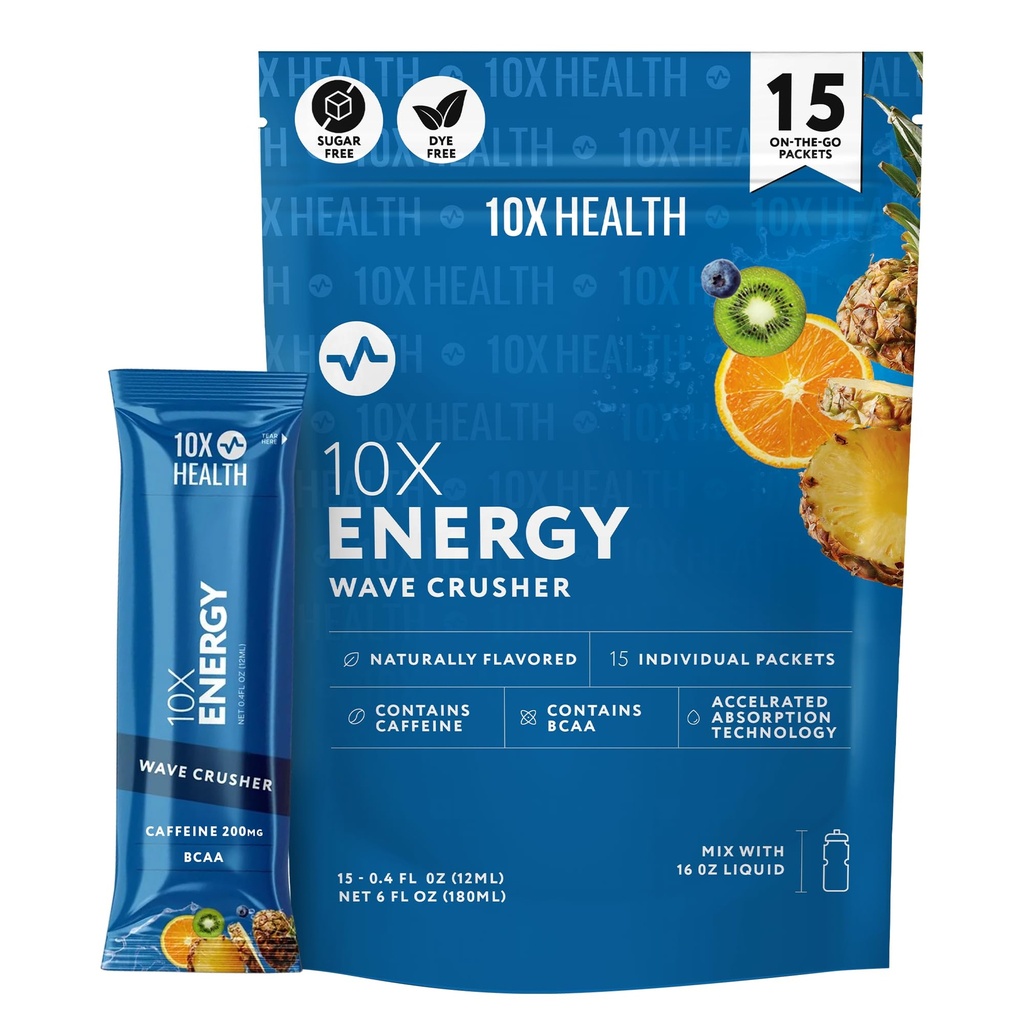 10X Sundhed - Energy Wave Crusher - Energy Drink med 200mg Koffein, BCAA, B Vitamin, Accelerated Absorption - Tropical Punch Pre- Workout Drink - 15 Drink Mix Pakninger (Wave Crusher - Energi)