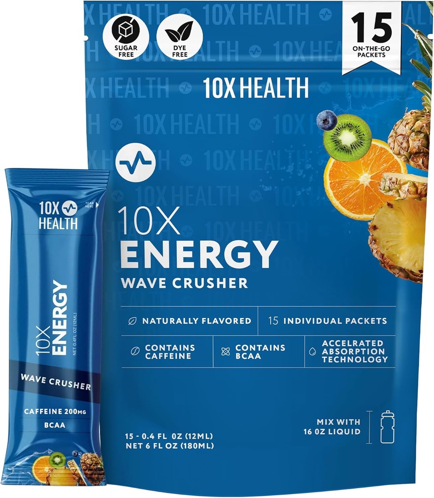 10X Sundhed - Energy Wave Crusher - Energy Drink med 200mg Koffein, BCAA, B Vitamin, Accelerated Absorption - Tropical Punch Pre- Workout Drink - 15 Drink Mix Pakninger (Wave Crusher - Energi)