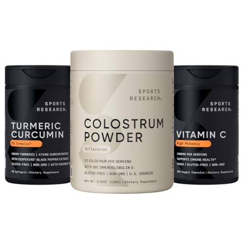Sports Research® High Potency Vegan Vitamin C Supplement for Antioxidant Activity, Turmeric Curcumin C3 Complex & Colostrum Powder - Nutrient Dense Superfood for Adults