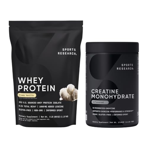 Sports Research® Creatine Monohydrate (100 Servings) & Vanilla Whey Protein (63 Servings), The Dynamic Duo for Lean Muscle Building, Improved Performance, Strength & Workout Recovery - Sports Nutritio