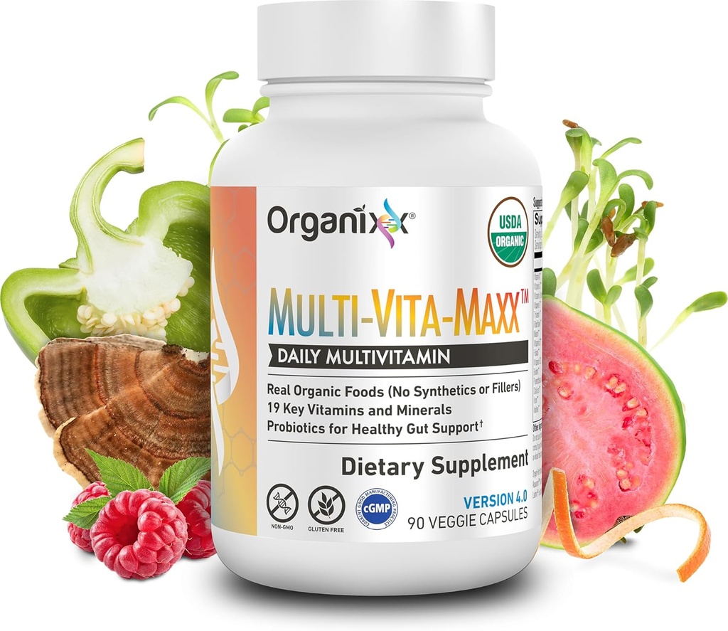 Organixx Vegan Multivitamin til kvinder & mænd, med C-vitamin, D3, B-vitamin Complex, Probiotika, Organiske Frugter og Grøntsager, Understøtter fordøjelse, Gut Sundhed, immunforsvar, 90 Gel kapsler