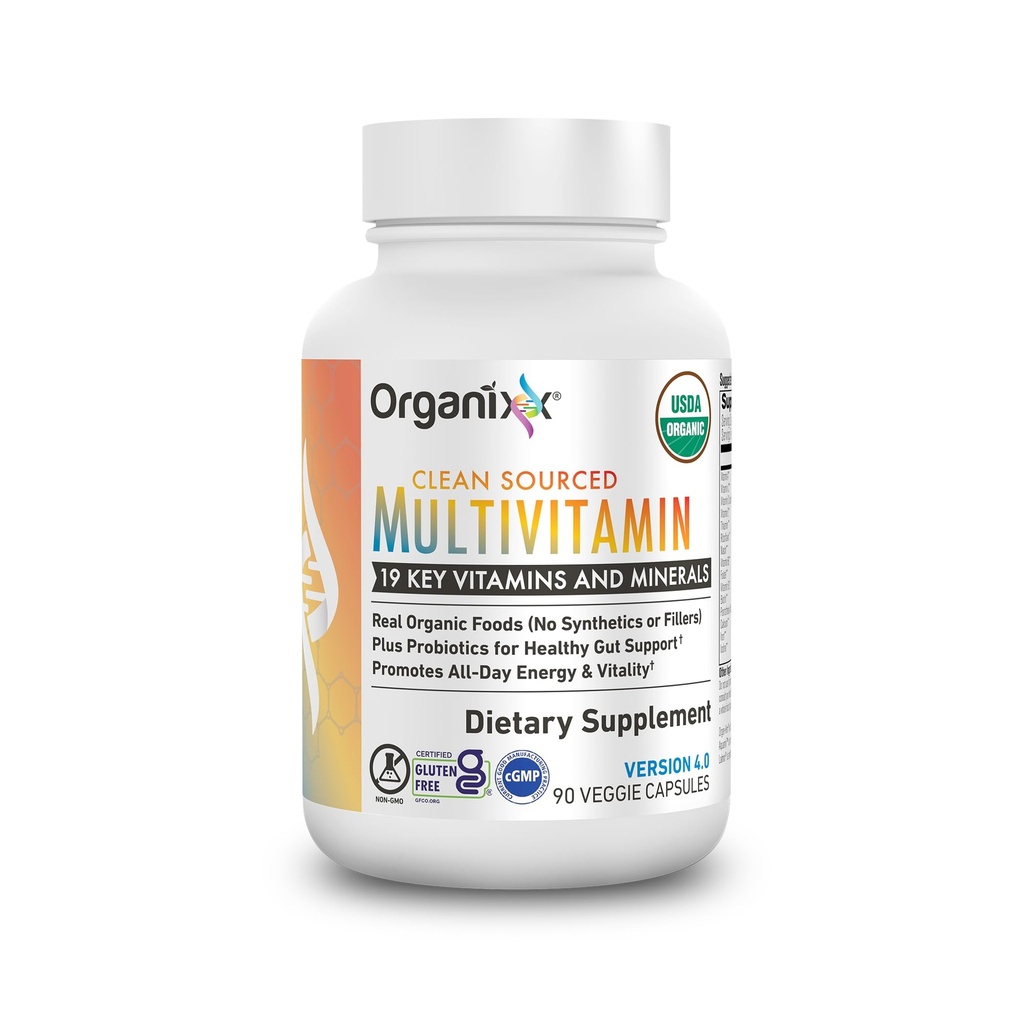 Organixx Vegan Multivitamin til kvinder & mænd, med C-vitamin, D3, B-vitamin Complex, Probiotika, Organiske Frugter og Grøntsager, Understøtter fordøjelse, Gut Sundhed, immunforsvar, 90 Gel kapsler