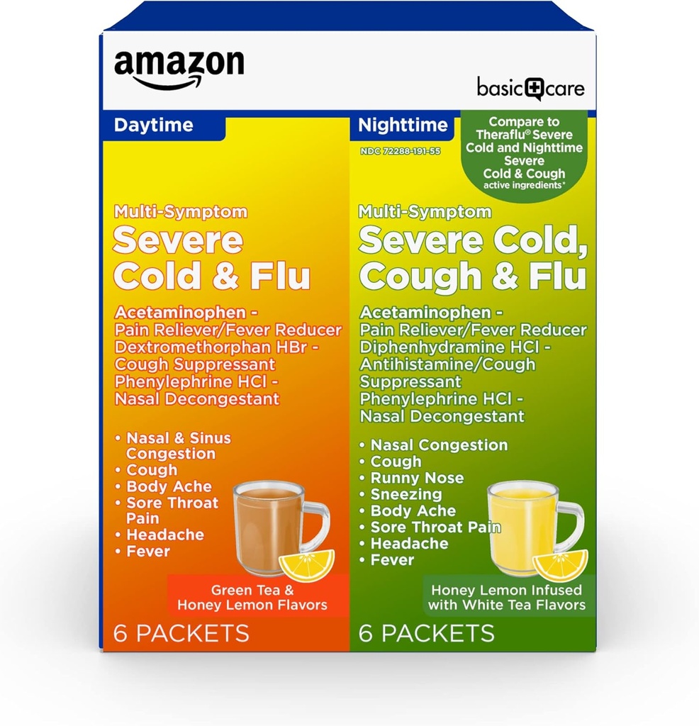   Basic Care Severe Cold, Cough and Flu Medicine Powder Packets, Daytime and Nighttime Combination Pack, Green Tea & Honey Lemon, 12 Count