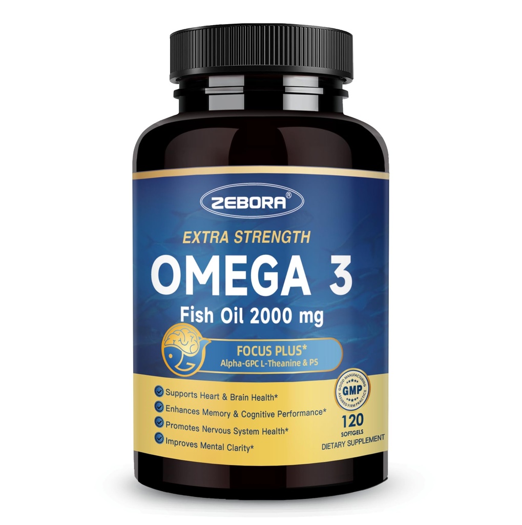 ZEBORA Omega-3 Fish Oil 2000mg - High Potency DHA & EPA Omega 3 with Alpha-GPC & PS for Brain, Cognition & Heart Support, Sustainably Sourced, 120 Softgels