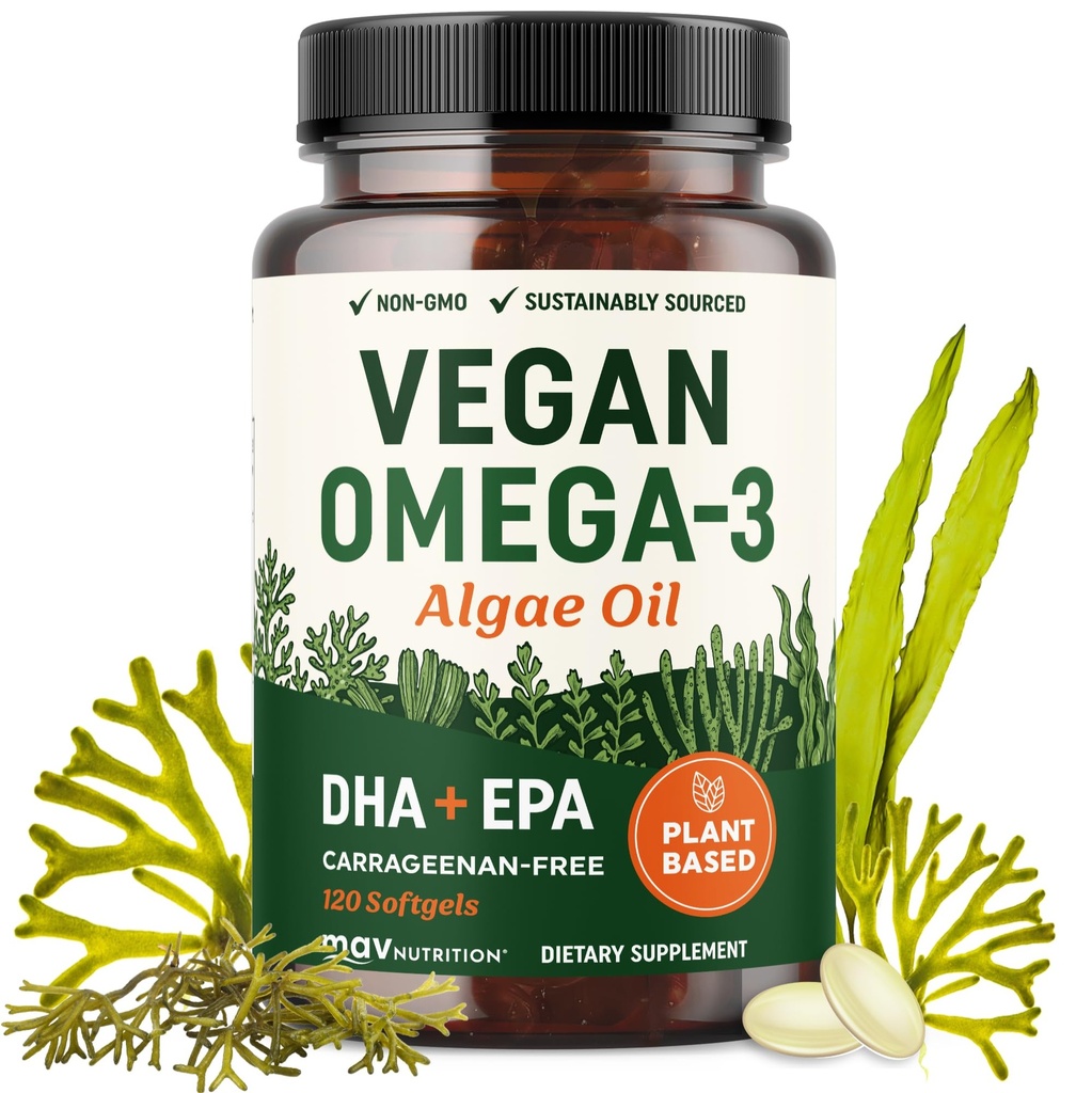 Vegan Omega 3 Algae Oil | Plant Based DHA EPA | Sustainably Sourced, No Carrageenan | Heart, Brain & Eye Health Support | Fish Oil Alternative | Omega 3 Fatty Acid Supplements | 120 Softgels