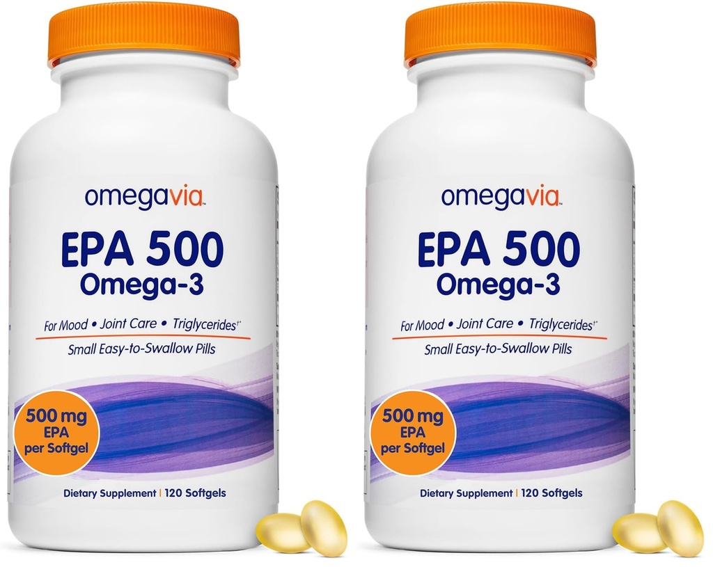 OmegaVia EPA 500, Purified Omega-3 Fish Oil Supplement, 500 mg EPA in Triglyceride Form, Burpless Fish Oil, Non-GMO, Gluten-Free, IFOS 5-Star, 120 Softgels (Pack of 2)