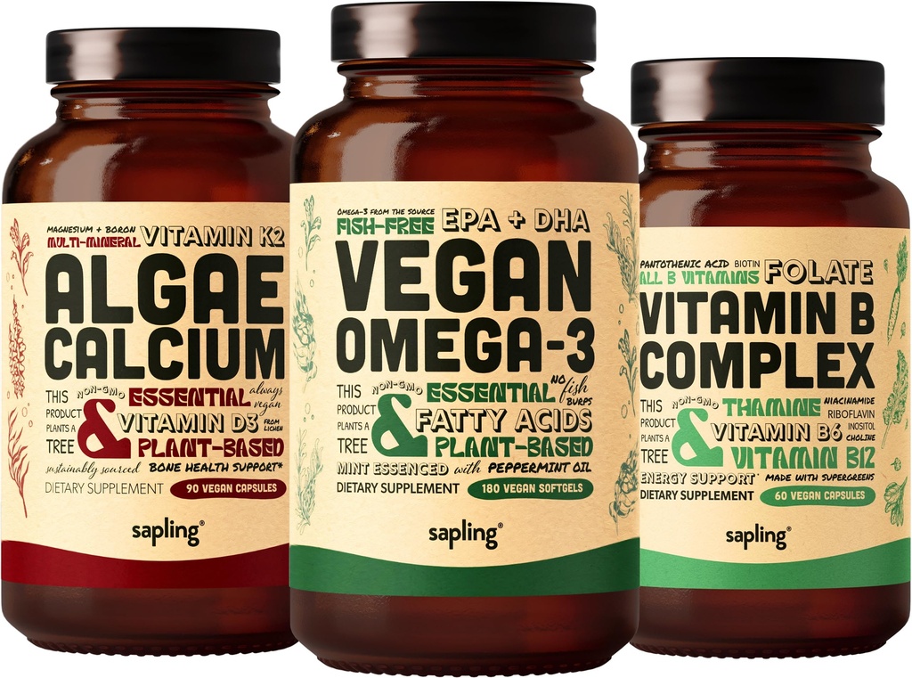 Vegan Omega 3 180 Softgels & Algae Calcium & Vitamin B Complex Bundle - Plant Based DHA & EPA, Calcium Supplement from Red Algae, Essential B Vitamins