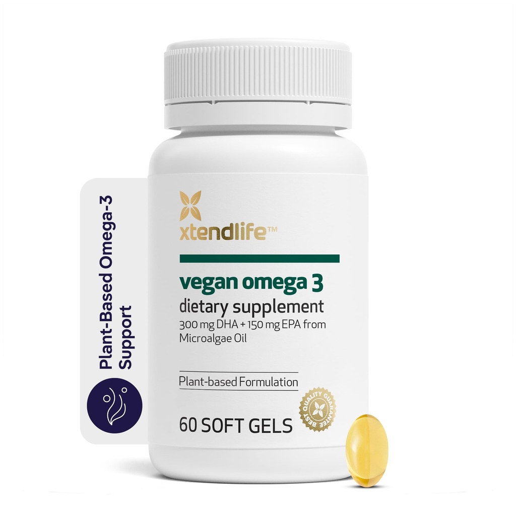 Xtendlife Vegan Omega 3 DHA & EPA for Heart, Brain & Joint Support - Potent Plant-Based Supplement from Marine Algae - 30 Day Supply - Vegan & Vegetarian Friendly
