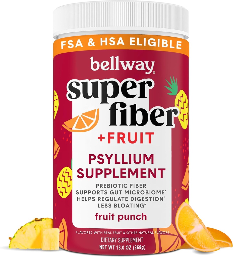 Bellway Super Fiber Powder + Frugt, Sukker Free Organic Psyllium Husk Powder Fiber tillæg for regelmæssighed, Bloating Relief & fordøjelsessundhed, Plant- baseret, Frugt Punch (50 Servere)