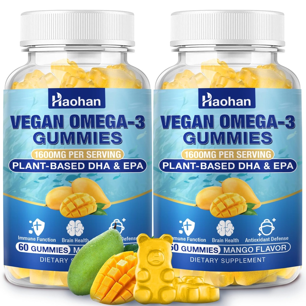 Omega-3 Gummies for Adults, Orange Flavor – Sugar-Free, Algae-Derived DHA 600mg & EPA 300mg, with Vitamins A, C, E, Zinc, 120 Gummies