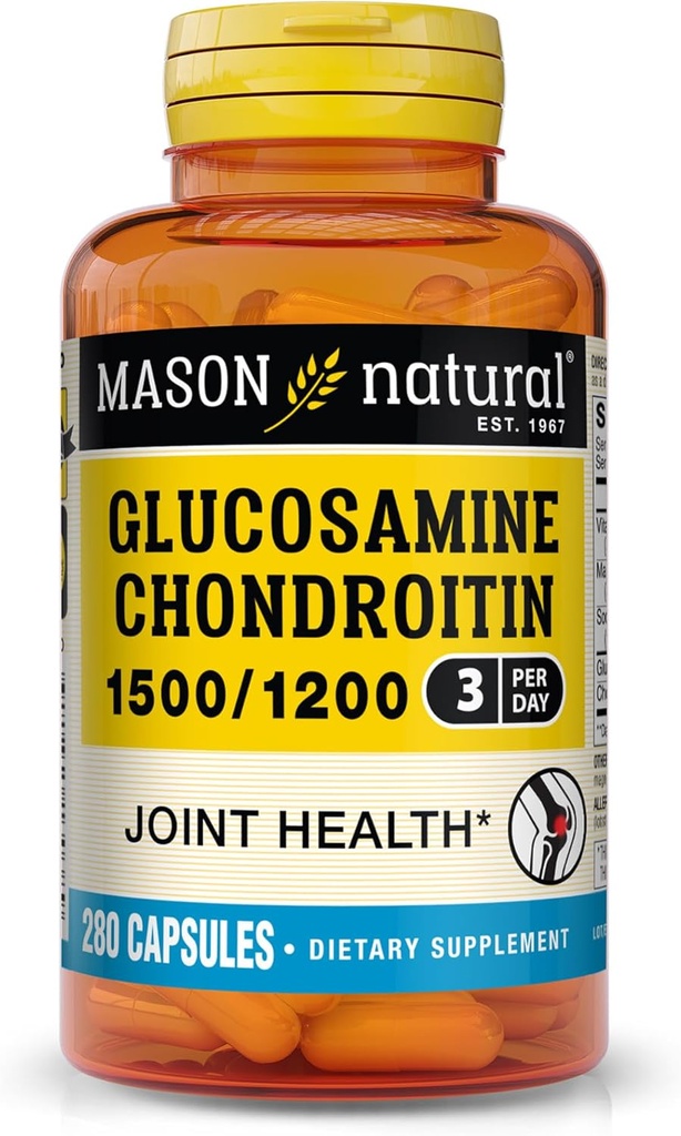 MASON NATURAL Glucosamin Chondroitin 1500 / 1200 med C-vitamin, understøtter fælles sundhed for normal fleksibilitet og mobilitet *, 280 kapsler, 3 måneders forsyning
