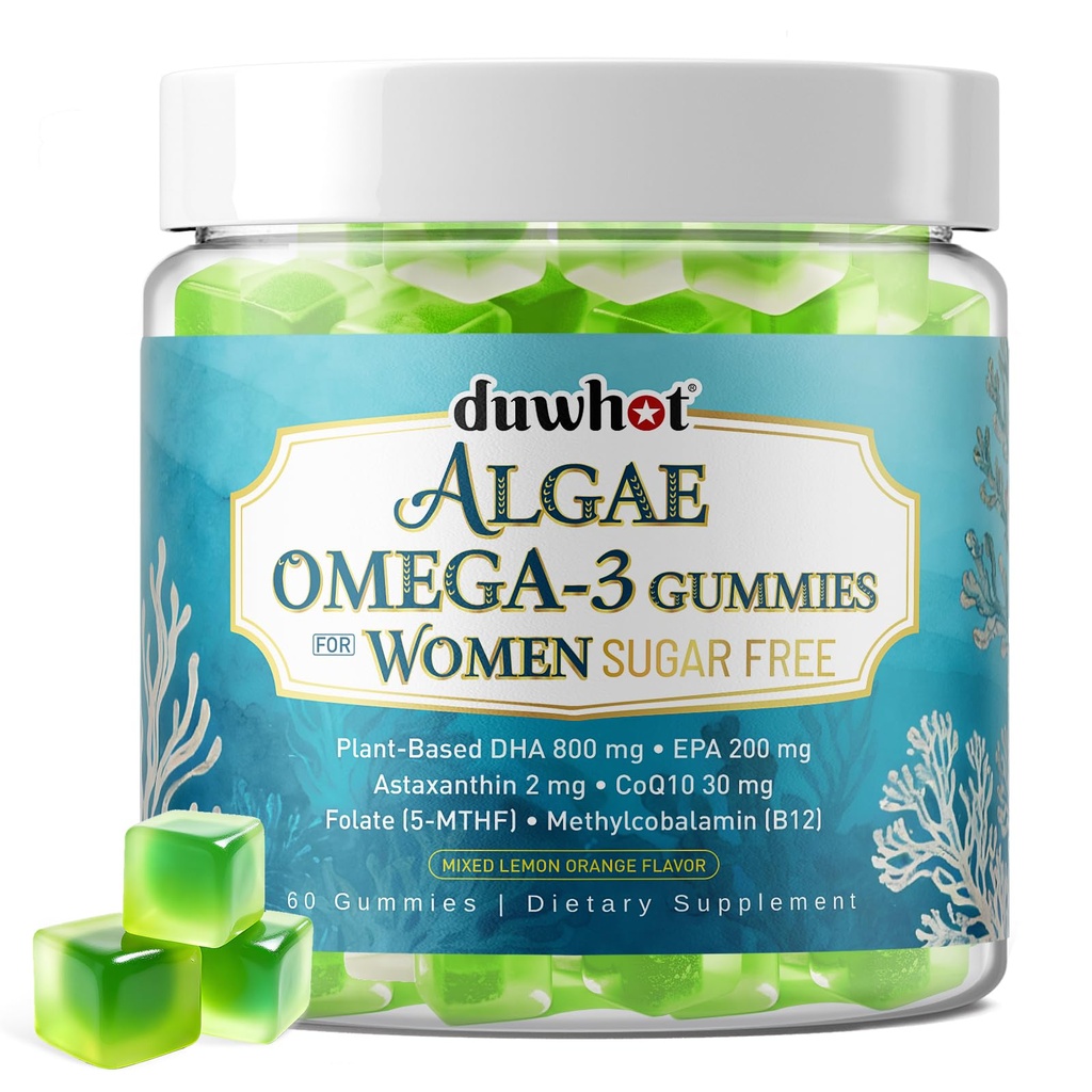 duwhot Vegan Omega-3 Gummies for Women, Algae DHA & EPA 1000mg, with CoQ10, Astaxanthin, Fish Oil Supplement Alternative for Adults, Heart & Brain Health, 60 Count