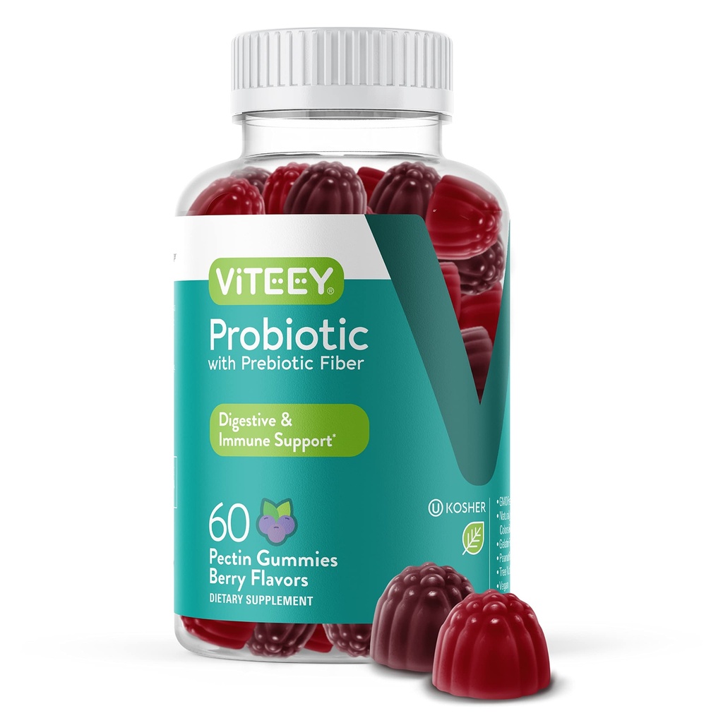 Viteey Probiotiske Gummies med Prebiotika - Gut Health Kosttilskud til fordøjelse - 2 milliarder CFU 'er - Vegan, Gluten- Free - 60 Greve