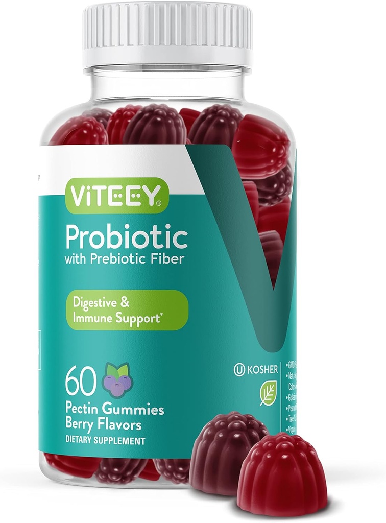 Viteey Probiotiske Gummies med Prebiotika - Gut Health Kosttilskud til fordøjelse - 2 milliarder CFU 'er - Vegan, Gluten- Free - 60 Greve