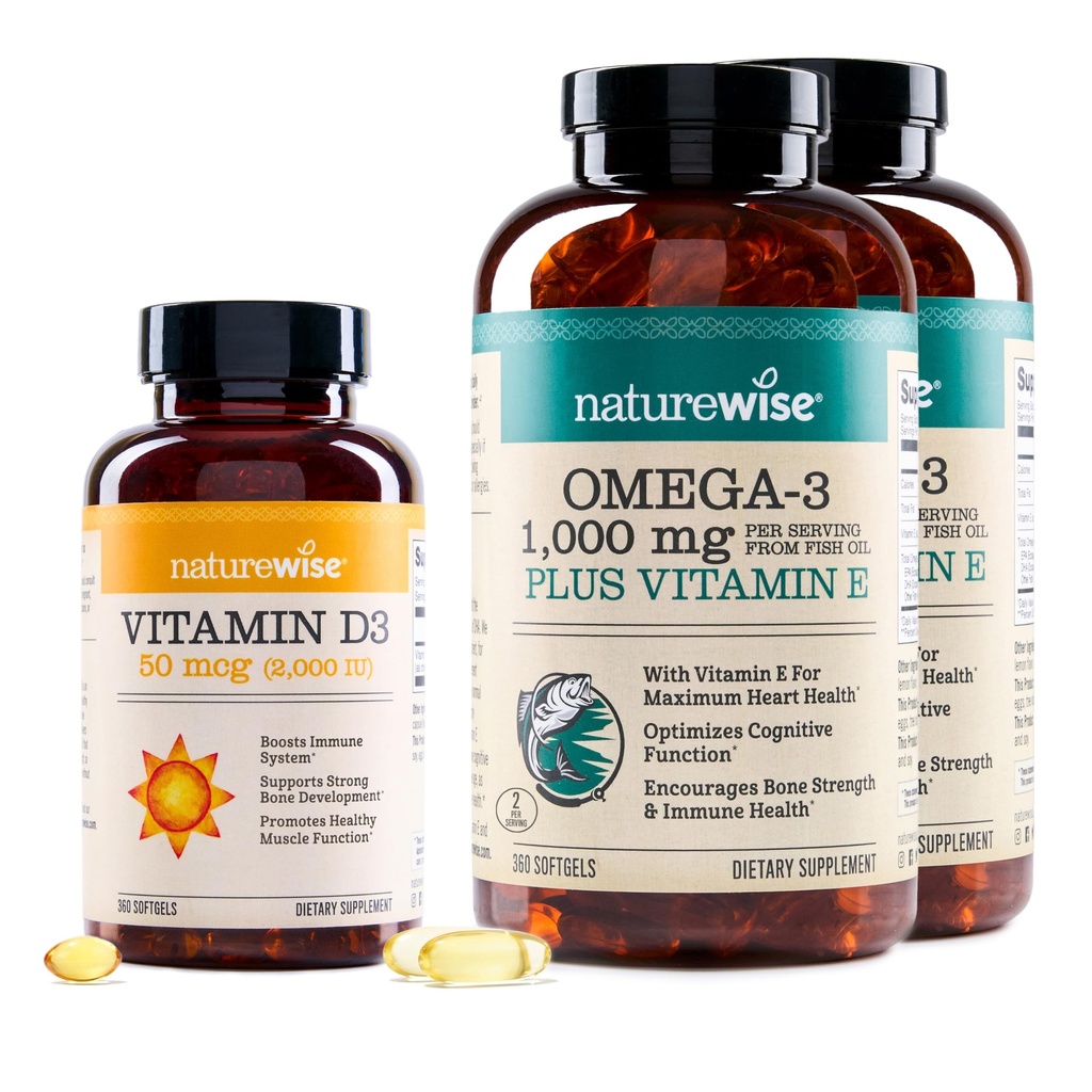 NatureWise [1] Vitamin D3 2000iu + Organic Olive Oil - 360 Mini Softgel [360-Day Supply] + (Pack of 2) Omega3 Fish Oil 1000mg + Vitamin E - Wild-Caught - 360 Softgels[180-Day Supply]