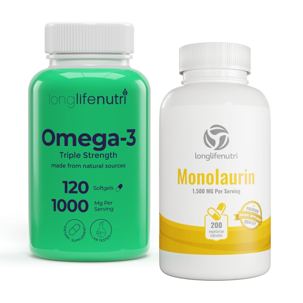 Omega 3 Fish Oil 1000mg & Monolaurin 1500mg Bundle – High EPA & DHA, Immune & Digestive Support, 120 Softgels + 200 Veg Capsules, 4-Month Supply, Non-GMO, GMP Certified, Made in USA