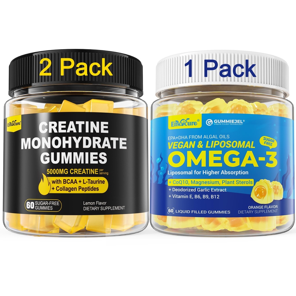 2 Pack Creatine Monohydrate Gummies + 1 Pack Vegan Algae Omega-3 1000mg Gummies