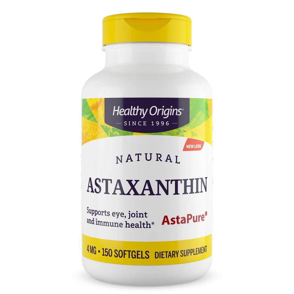 Sunde oprindelser Astaxanthin 4 mg (Natural, Astapure, Non- GMO, Gluten Free, Eye Support, Joint Support, immunsupport), 150 Softgels
