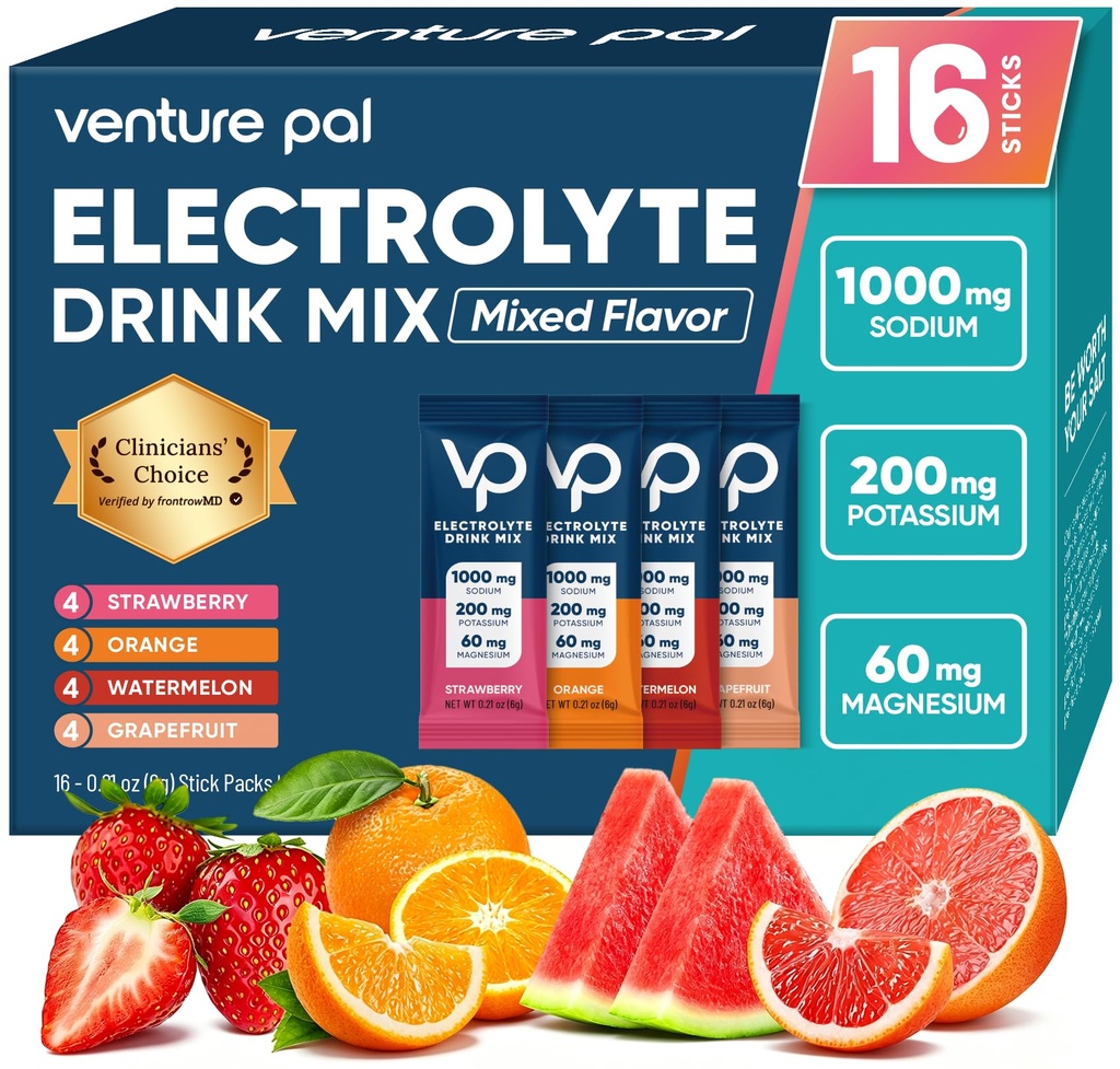 Venture Pal High Sodium Sugar Free Electrolytes Powder Packet - Hydration Pakker med Vitamin, Natrium & Kalium- 124; Zero Calories