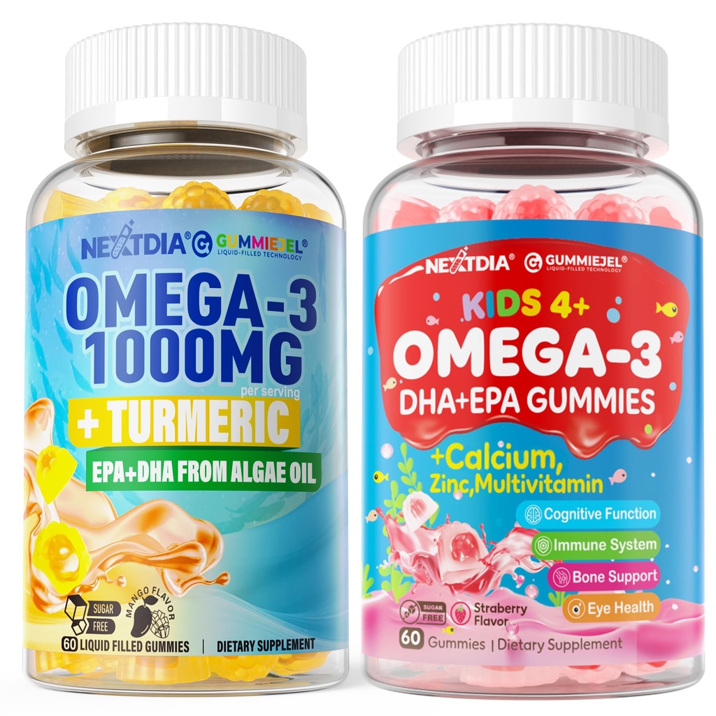 Kid& Adults, Omega 3 Multivitamin, Omega-3 Gummies 1000mg + Turmeric, 2Pack