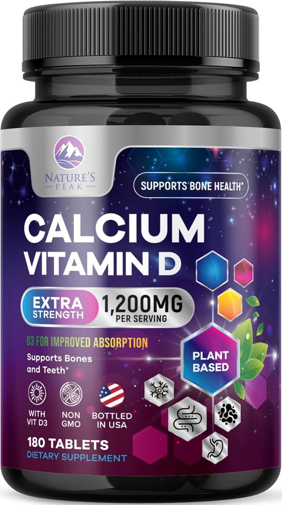 Calcium 1200 mg med D3- vitamin, calciumtilskud Vitaminer, ben, tænder og immunforsvar, kalciumtilskud med D til kvinder & mænd, naturs Absorberbare Calciumkarbonat - 180 tabletter