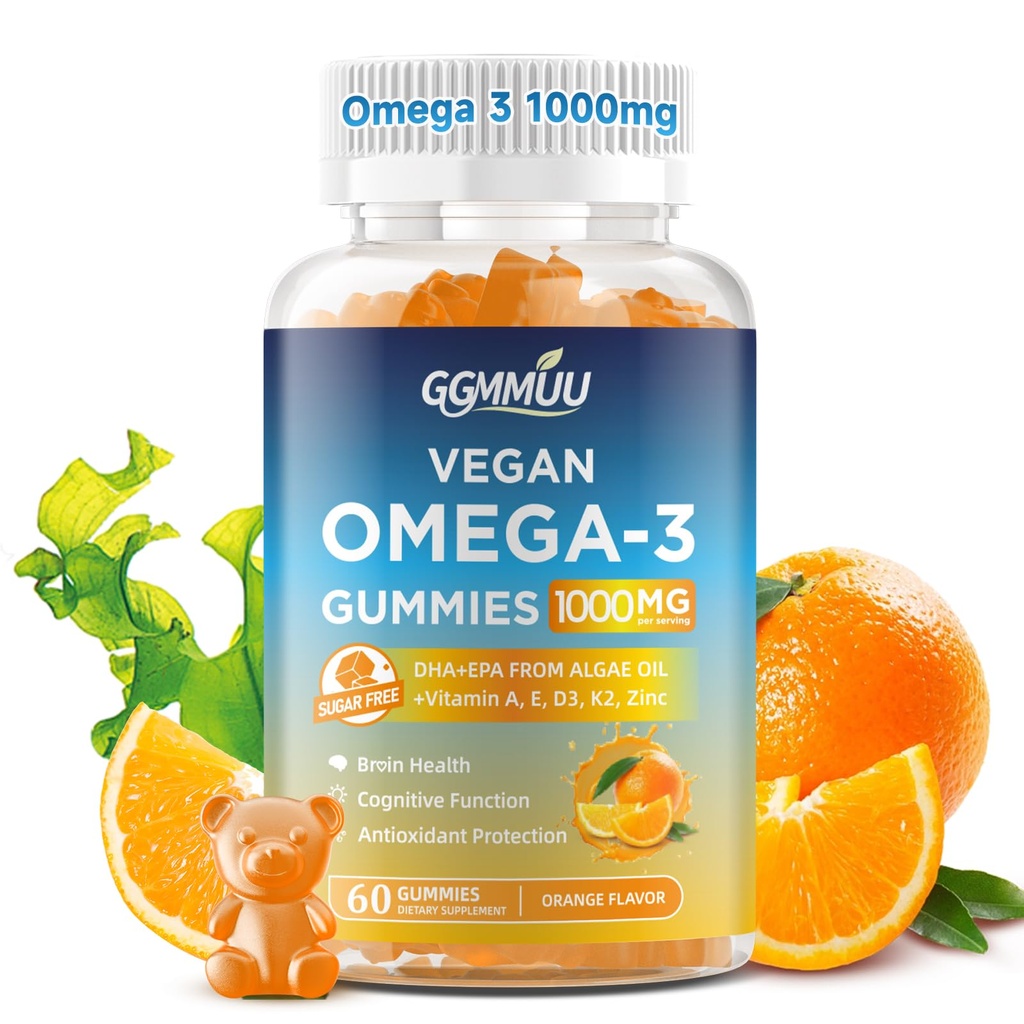Vegan Omega 3 Gummies 1000MG Algal Oil Omega 3 Supplement for Adults with Algae DHA 600mg & EPA 300mg Fish Oil Alternative - for Eye & Immune Health, No Fish Taste, Orange Flavor, 60 Count