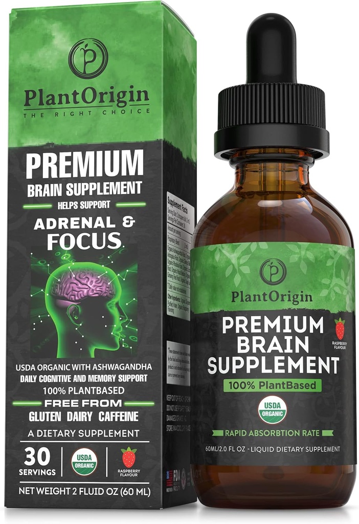 PLANTORIGIN- USDA Organic Liquid Brain Supplement - Plant- baserede Nootrop Drops for Focus, Memory & Mental Clarity - Vegan, Non- GMO, Caffe- Free, Ashwagandha, Ginseng, Ginkgo, Rhodiola - Made in USA