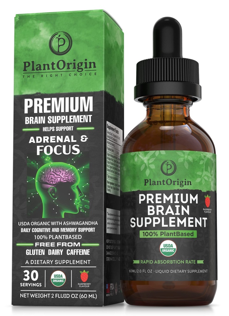 PLANTORIGIN- USDA Organic Liquid Brain Supplement - Plant- baserede Nootrop Drops for Focus, Memory & Mental Clarity - Vegan, Non- GMO, Caffe- Free, Ashwagandha, Ginseng, Ginkgo, Rhodiola - Made in USA