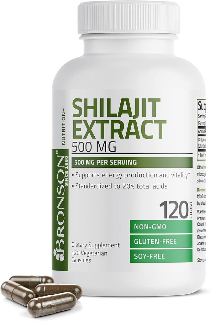 Bronson Shilajit Extract 500 MG Per Serving, Understøtter energiproduktion & Vitality, Standardiseret til 20% Total Acid, Non- GMO, 120 Vegetariske Kapsler