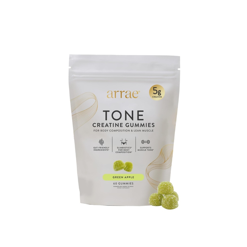 Arrae Tone Gummies – Creatine Monohydrate 5g for Women – Support Lean Muscle, Strength & Recovery – Hormone-Friendly Muscle Toning Supplement – Sour Green Apple Flavor – 60 Count