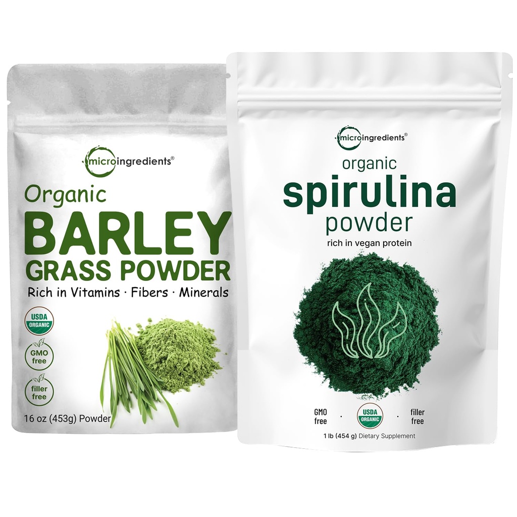 Micro Ingredients Organic Spirulina Powder 1lb & Organic Barley Grass Powder 16oz Bundle 2 Pack 124; Raw Superfooderne er 124; Rich in Vegan Protein, Fibers, Minerals, & Vitaminer
