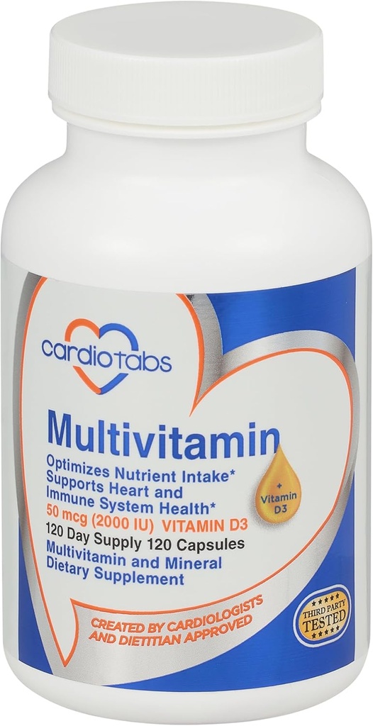 Multivitamin - Hjerte og Immunitet Kosttilskud til mænd og kvinder, Multivitamin til mænd og kvinder, med mineraler B- Vitamin Complex, Vitamin A, C, E, K og 2000 IE Vitamin D3, 120- Count Flaske