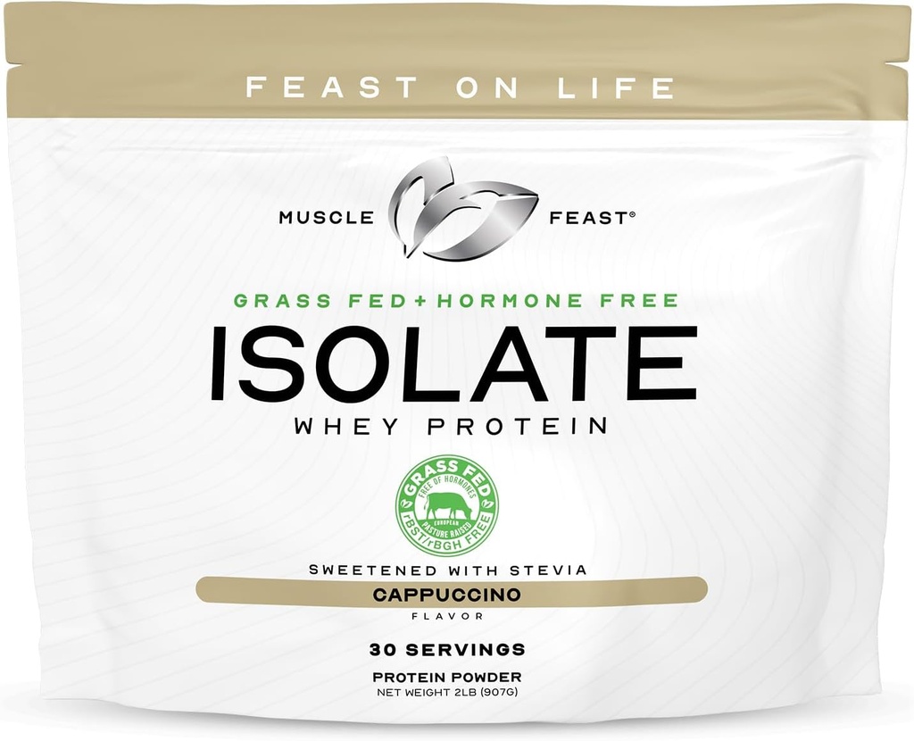 Muskel Feast Grass- Fed Whey Protein Isolate, Alle naturlige Hormone Free Pasture Raised, Whey Isolate Protein Powder for mænd og kvinder, Clean, Gluten- Free, Lækker Isolate Protein - Cappuccino, 2lb