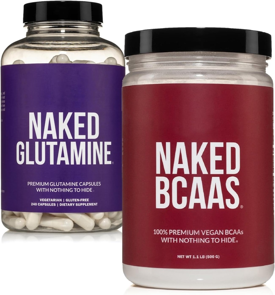 NAKED Unflavored BCAAs 100 Sevings + Pure L- Glutamin 240 Kapsler Bundle: Non-GMO, Gluten Free, Muscle Recovery, Nothing Kunstig