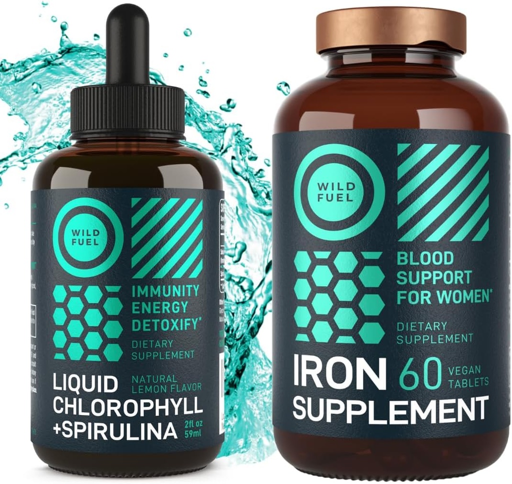 WILD FUEL Jerntabletter til kvinder med folinsyre og flydende klorofyl med Spirulina Kvindelig sundhed og Detox Bundle