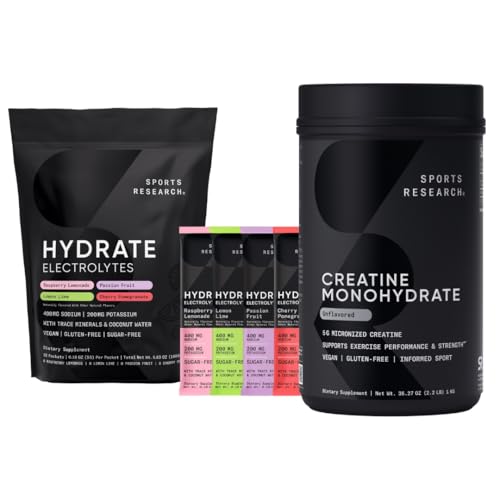 Sports Research® Gym Pro Pack - Creatine Monohydrate - Gain Lean Muscle, Improve Performance and Strength and Support Workout Recovery 2.2LB + Hydrate Electrolytes Powder Variety Pack
