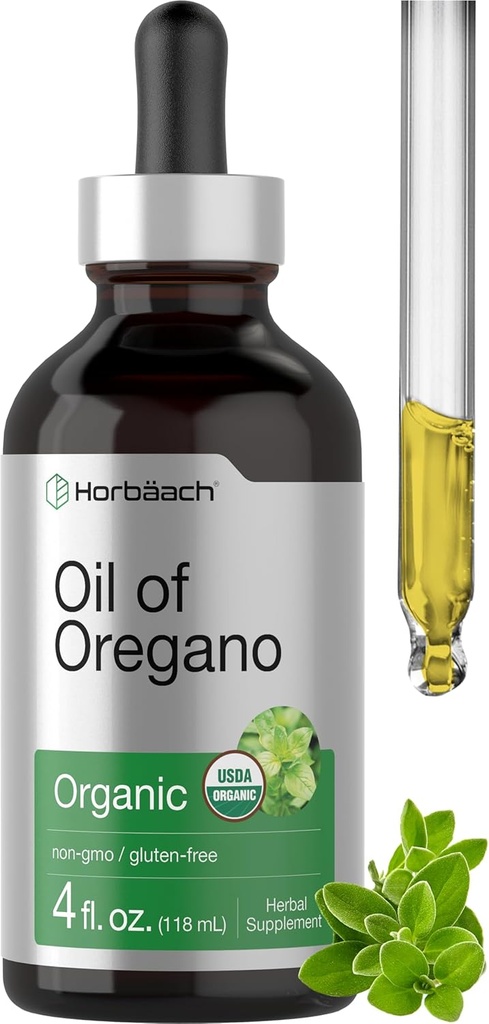 Horbäach Organic Oil of Oregano Drops 4 fl oz Liquid Measures 124; Vegan Measures 124; Non- GMO, Gluten Free