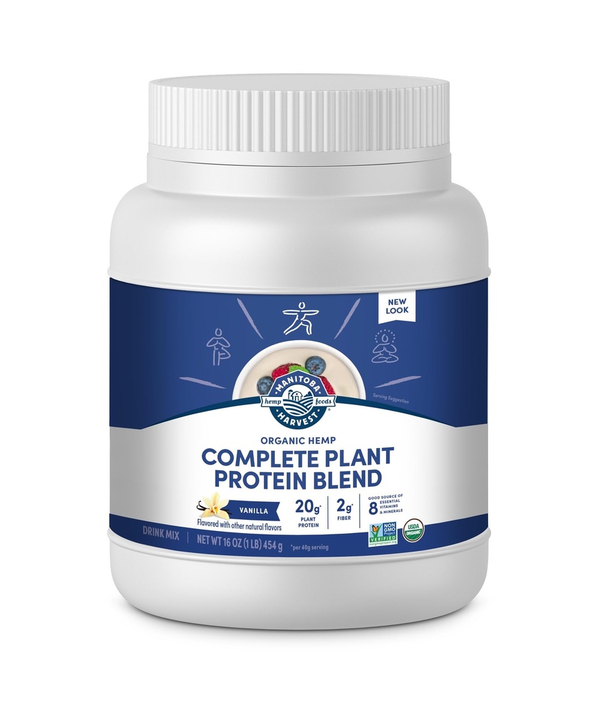 Manitoba Høst Hamp Ja Organic Plant- Based Protein Powder, Vanilla, 16oz, 20g Complete Plant Protein (Hamp og Pea), 4g Fiber & 1,9 g Omegas 3 & 6 Per Servering, Non-GMO, Vegan, Packaging May Vary