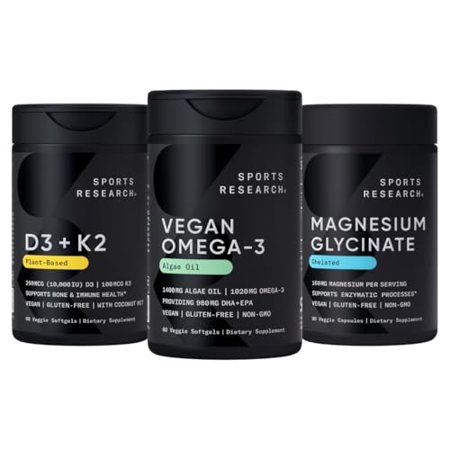 Sports Research® Vegan Supplements Pack - Vegan Omega-3 Fish Oil Alternative from Algae Oil + Vitamin D3 + K2 + Magnesium Glycinate