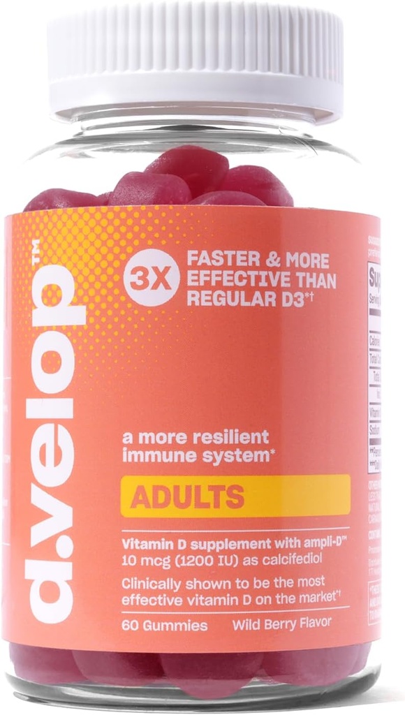 d. velop D-vitamin gummier for voksne - 1200 IE, 10 mcg - højpotens D3-vitamin gummies - immunforsvar, ben og hjertesygdomme - 3X hurtigere og mere effektiv - Ny formel, Wild Berry Flavor 60 Greve
