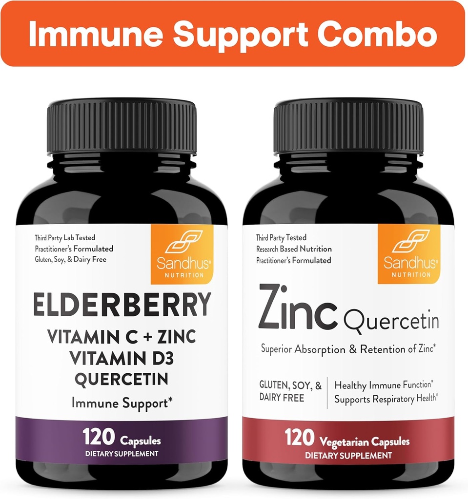 Sandhu 's immunforsvar Combo Mezzle 124; Elderberry & Zink Quercetin Kapsler Bundle 124; Understøtter immunsundhed
