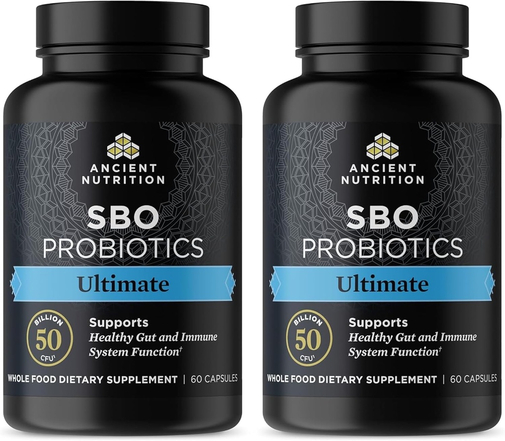 Ancient Nutrition Probiotika, SBO Probiotika Ultimate 50 Millioner CFU * / Servering, fordøjelses- og immunstøtte, Gluten Free, Ancient Superfood Blend, Shrink- Indpakket 60 kapsler (2 Pack)