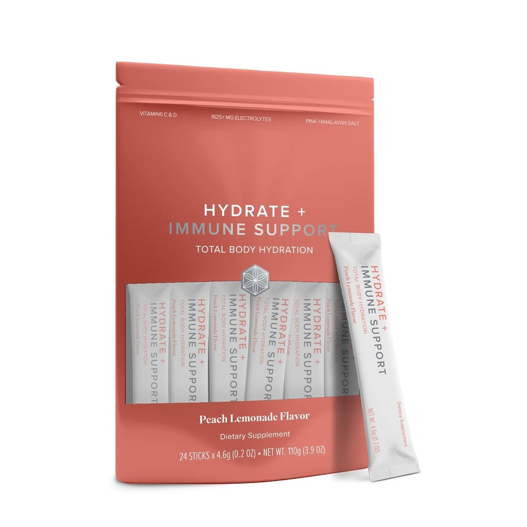 Isagenix Hydrate + Immune Support with Whole-Food Sourced C, D Vitamins - Superior Hydration with 1625+ mg of Essential Electrolytes - No Added Sugar Peach Lemonade Flavor 0.2 oz Sticks 24 Servings