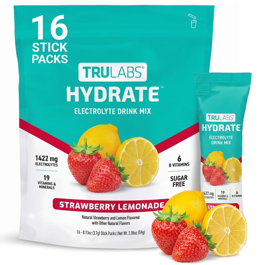 TRULABS Hydrate Electrolyte Drink Mix – Strawberry Lemon Flavor, Sugar-Free Hydration Packets with 1422 mg Electrolytes & 19 Vitamins & Minerals, Monk Fruit Sweetened, On-the-Go Sticks (16 Count)