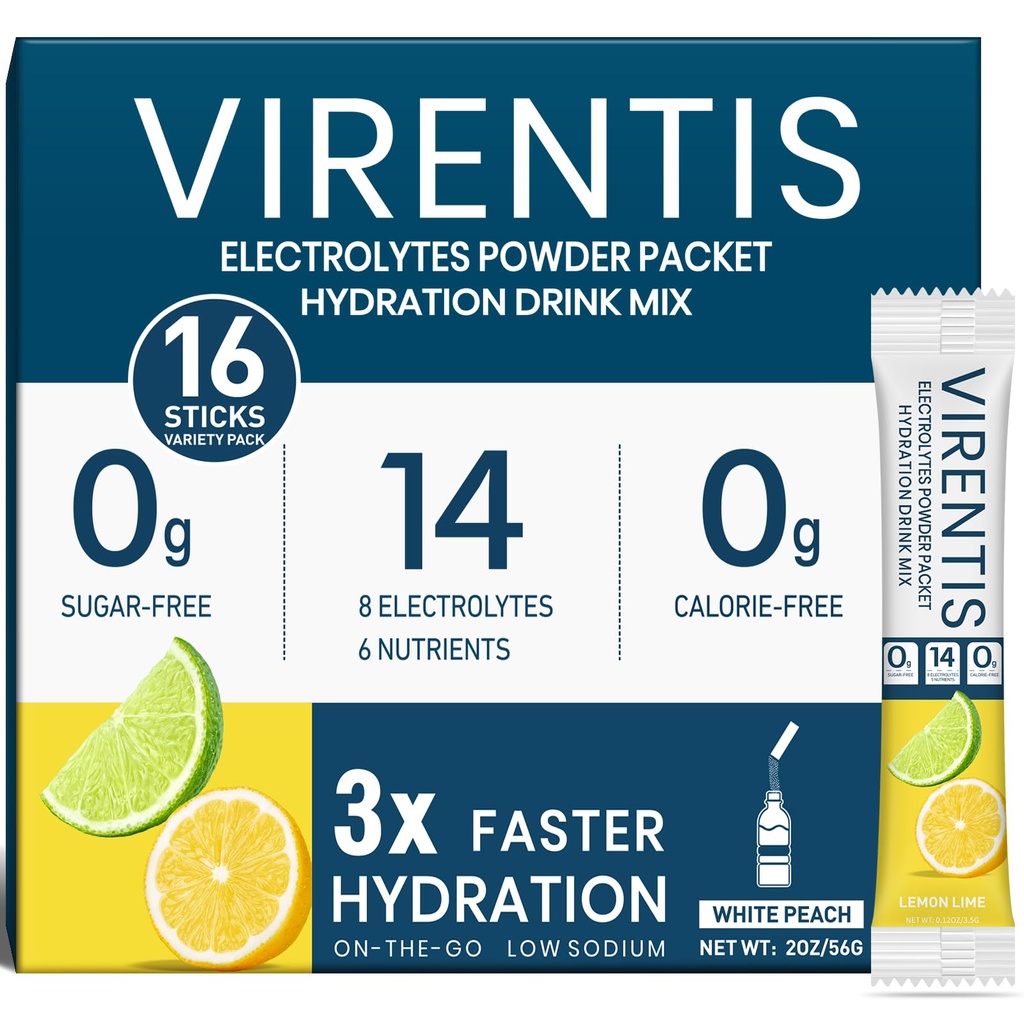 16 Sticks Electrolytes Powder Packets Sugar Free Hydration Packets Liquid Daily IV Electrolyte Drink Mix for Rehydration with 8 Electrolytes & 6 Vitamins, Low Sodium, Lemon Lime